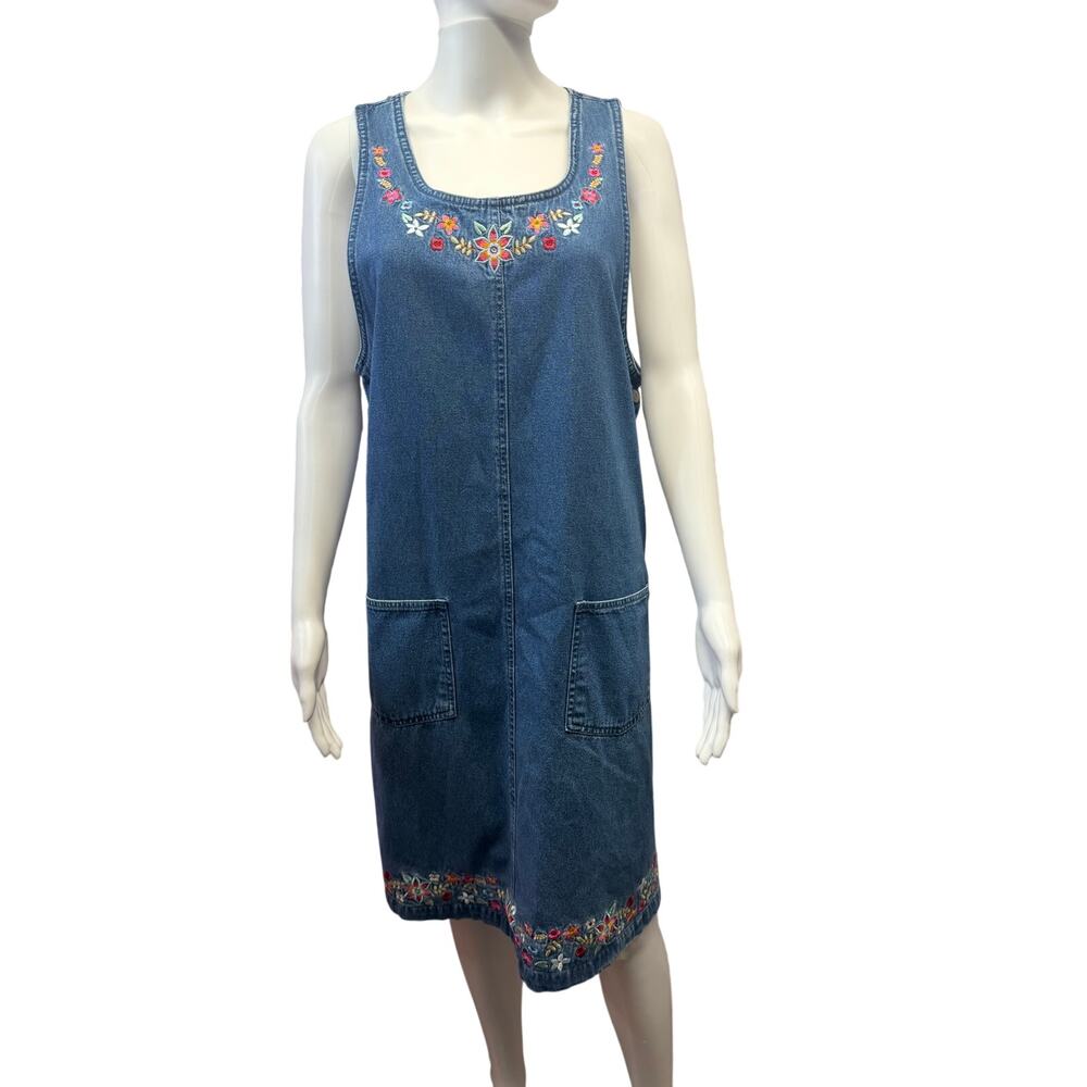 Vintage Expressions Denim Dress Embroidered Sleeveless Long Midi Casual Large